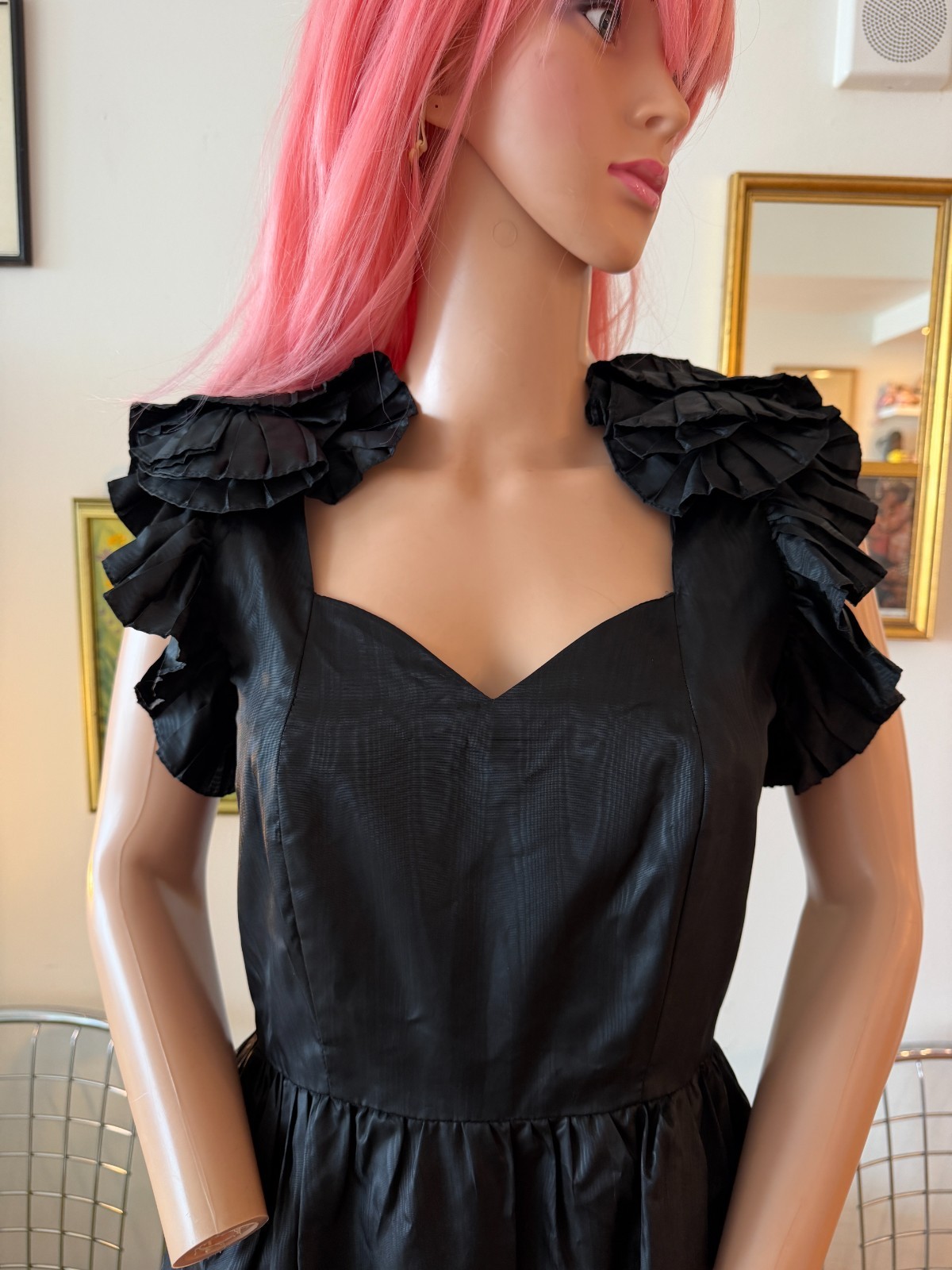 🦇 Vtg 80s Black Ruffle Shoulder Maxi Dress Goth Avant Garde Victorian Party S M