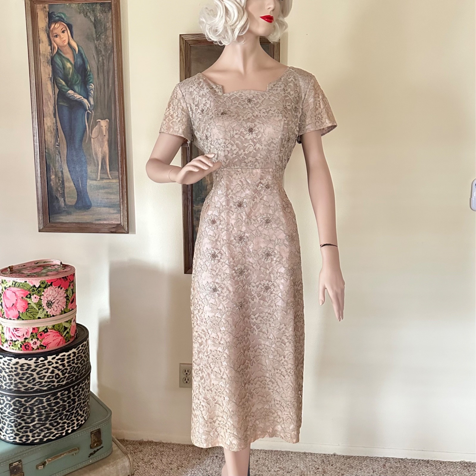 Vintage 1950s Champagne Illusion Lace Wiggle Party Dress Bustle Train L Volup
