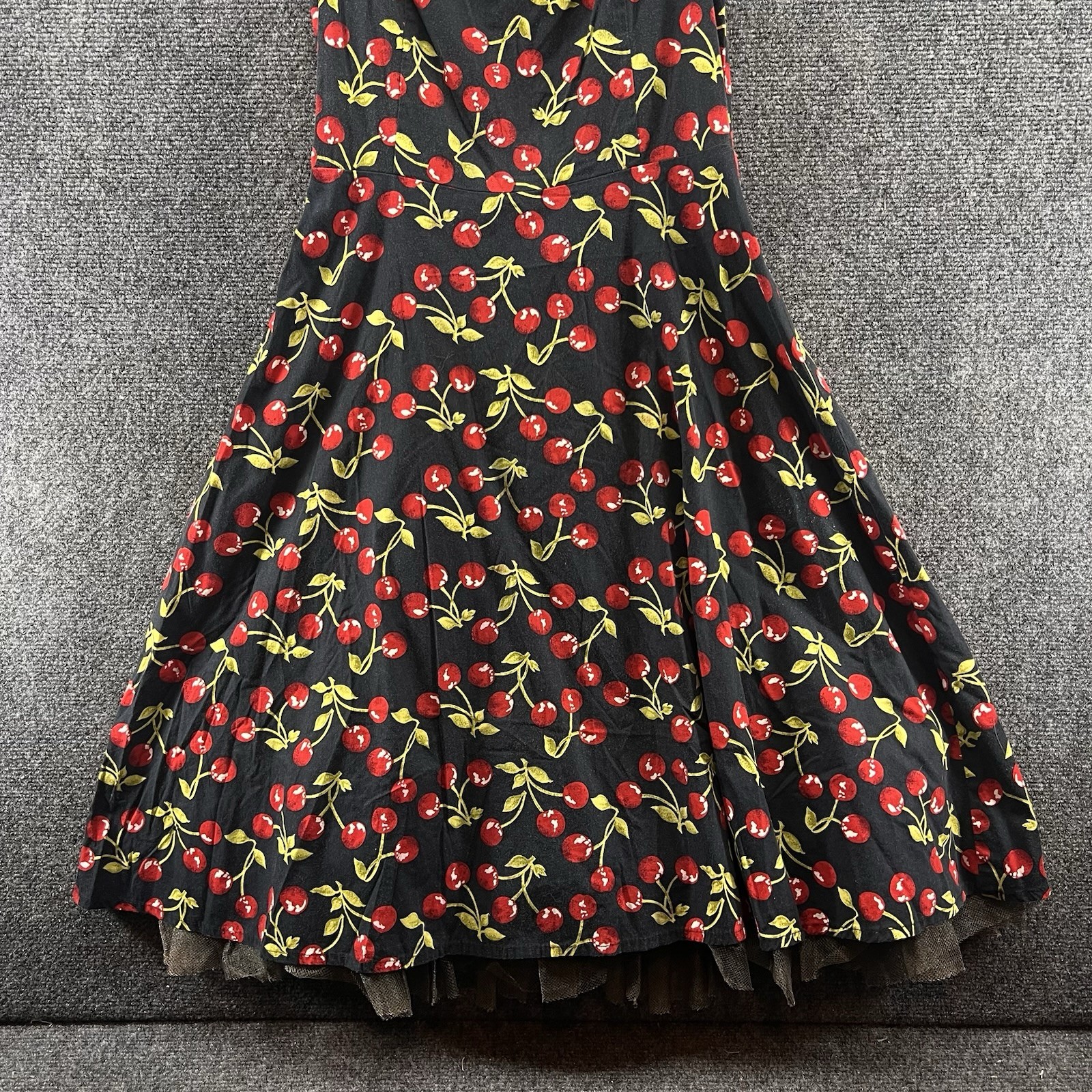 Vintage 90s Up Front Rockabilly Cherry Pinup Fit Flare Dress Sz 5 Retro Glam