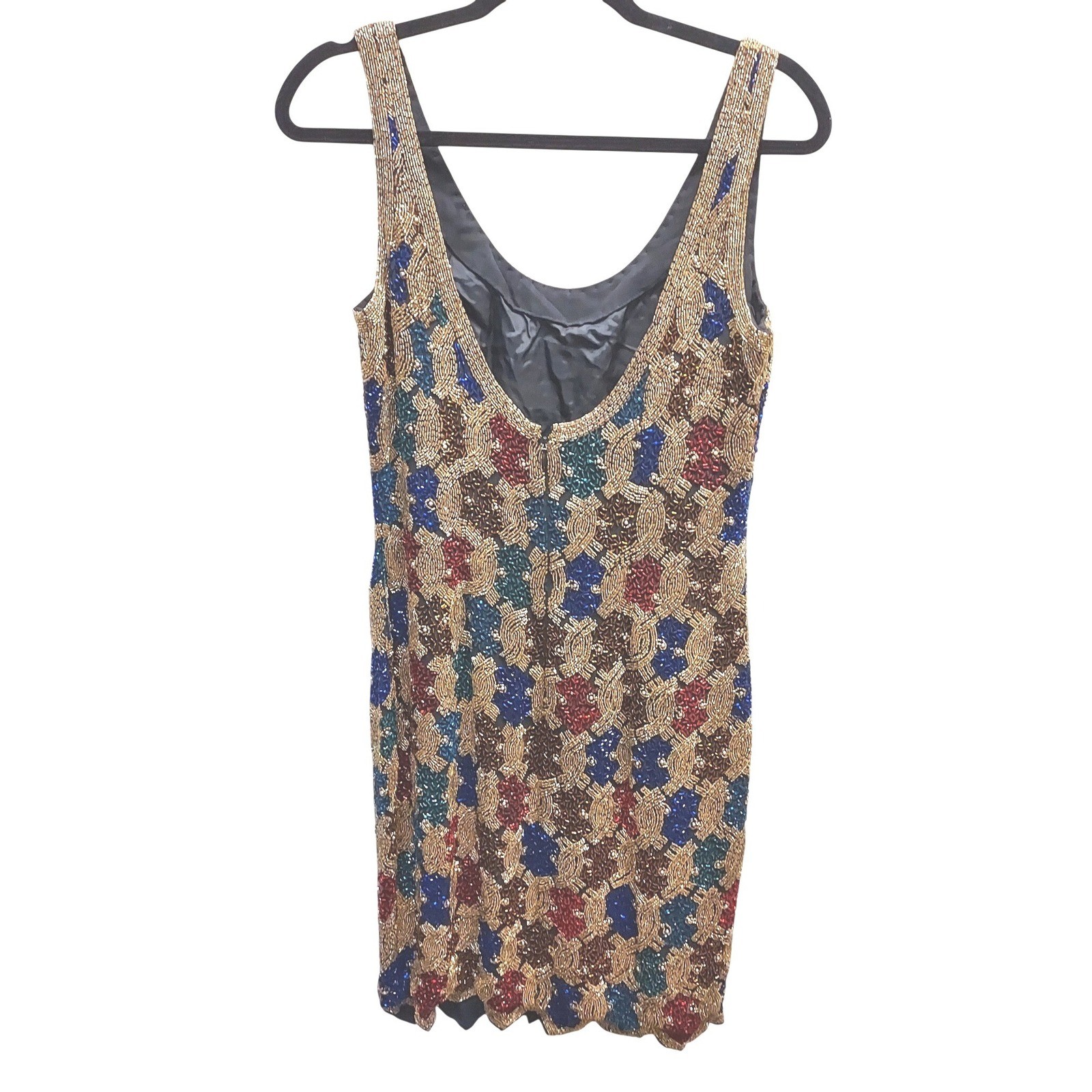 Black Tie Oleg Cassini Dress Womens 8 Gold Multi Beaded Silk Vintage Cocktail