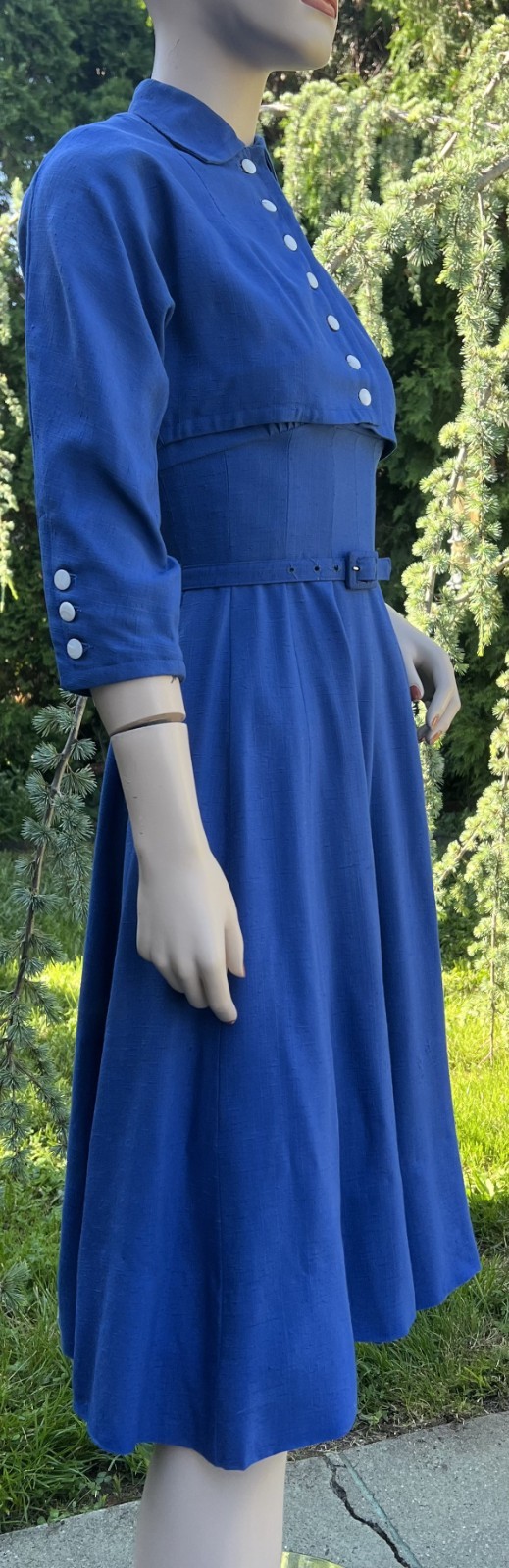 VINTAGE 1940’s BLUE LINEN DRESS & MATCHING BOLERO JACKET