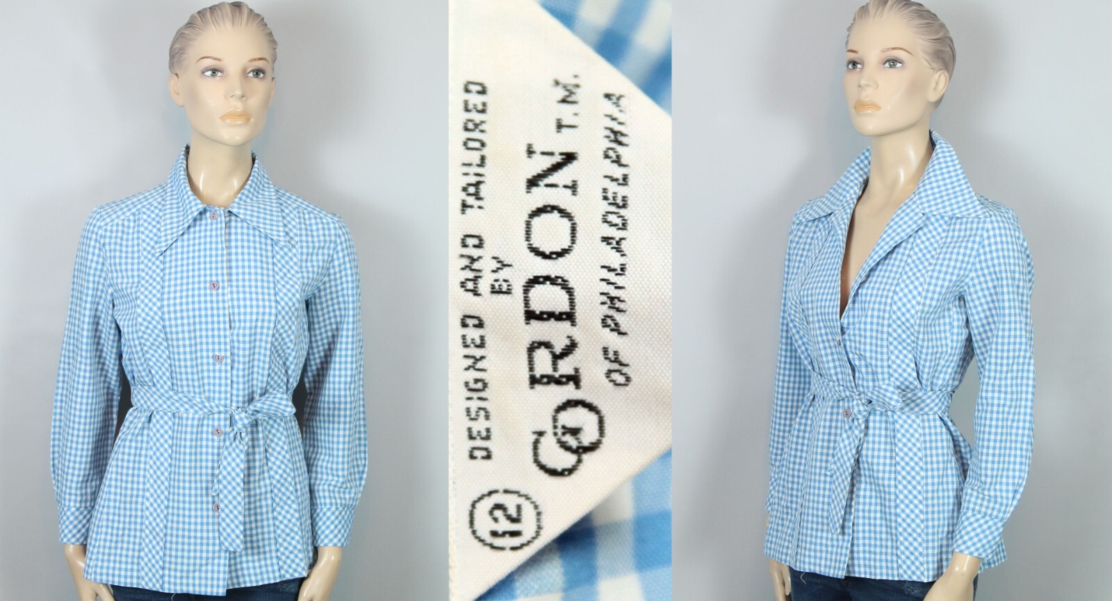 Vtg GORDON of PHILADELPHIA Button-Down Butterfly Collar Top Shirt w/ Tie Belt 12