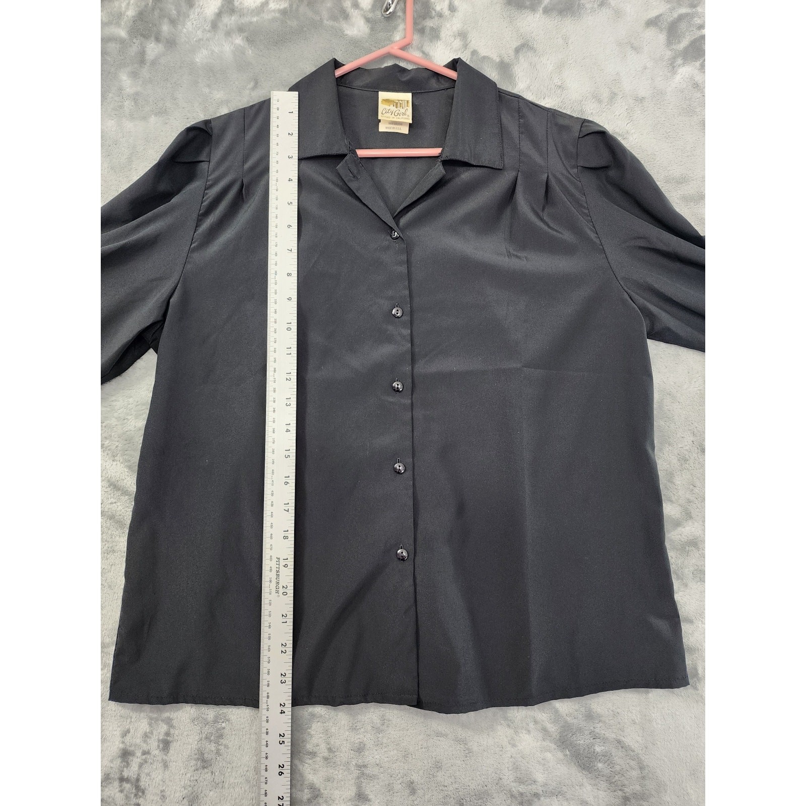 Vintage 70s City Girl Silky Polyester Long Sleeve Button Up Top Size 13/14 Black