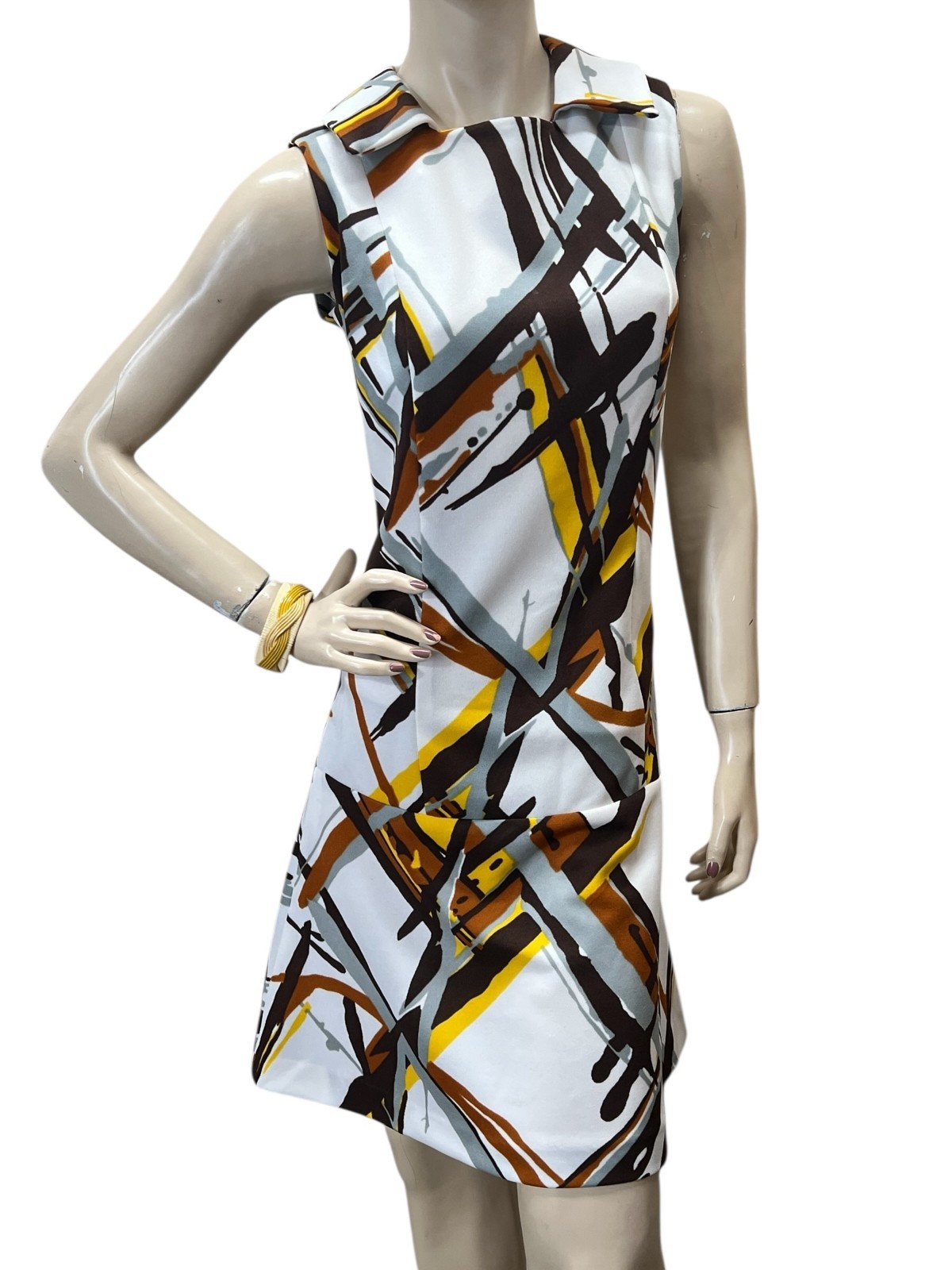Sz M~Sm L Vtg 60s MOD Dress Drop Waist Polyester Knit OP ART Metal Zip Jeanne