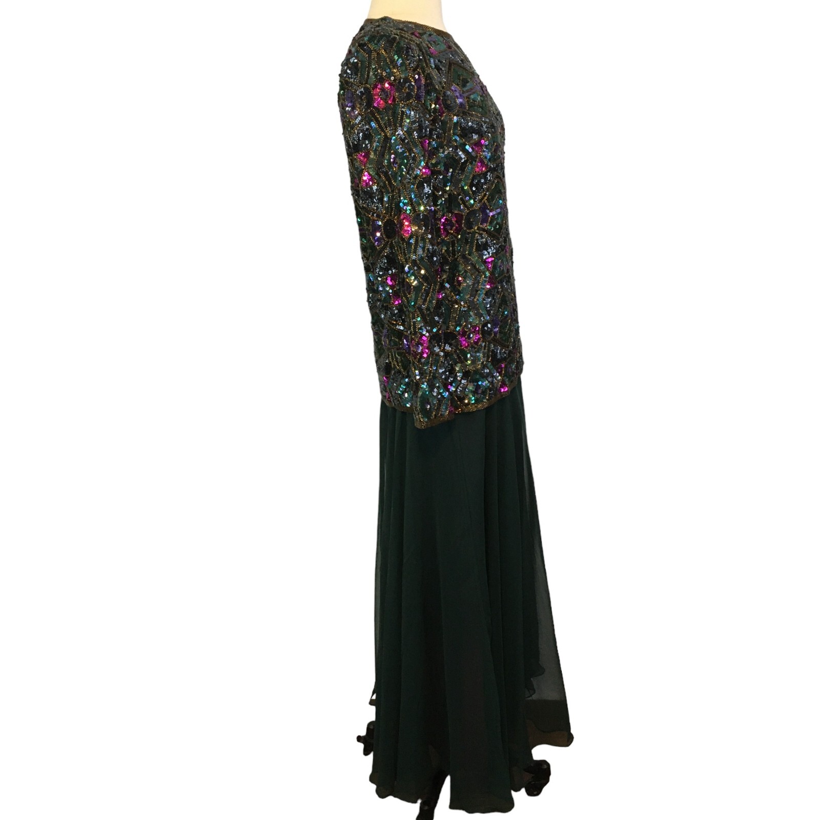 Joan Leslie Studio Vintage Silk Sequin Top and Green Skirt, Evening Gown Dress M