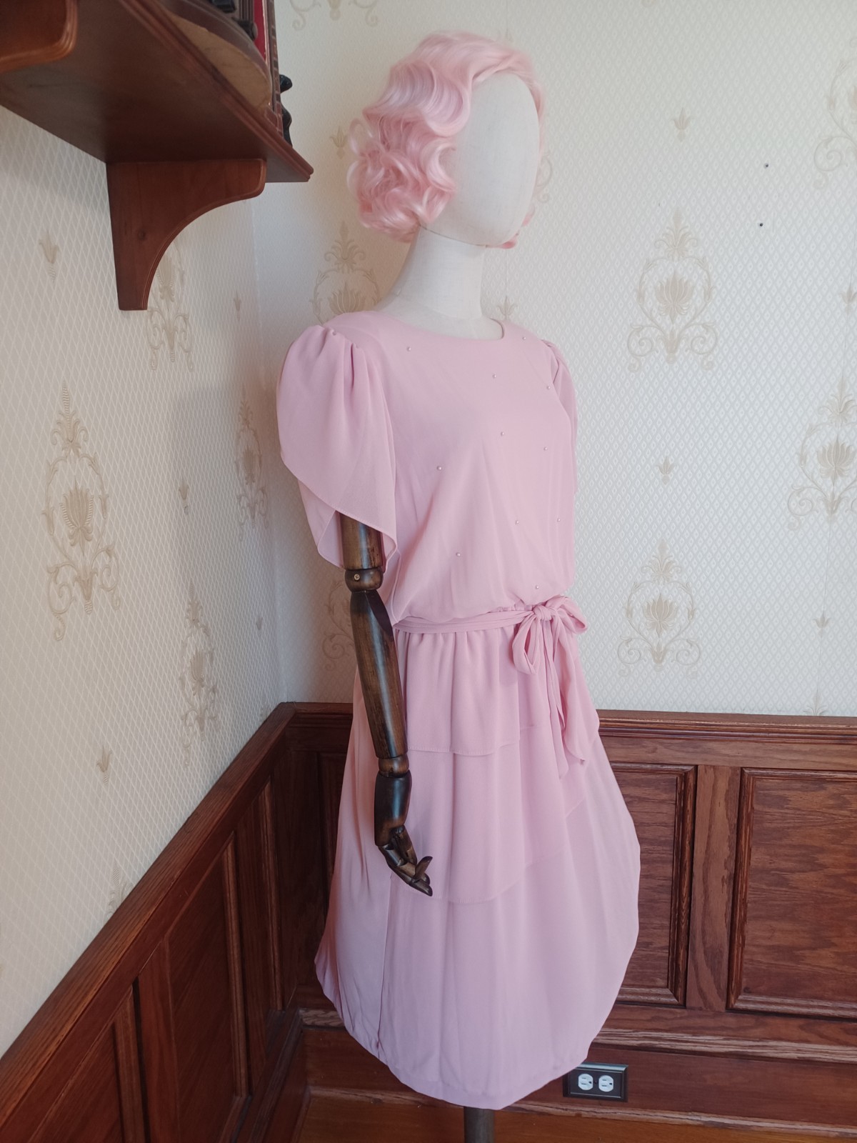 Vintage 1960s/70s Toni Todd Union-Made Pink Pearled Puff Sleeve Coquette Dress