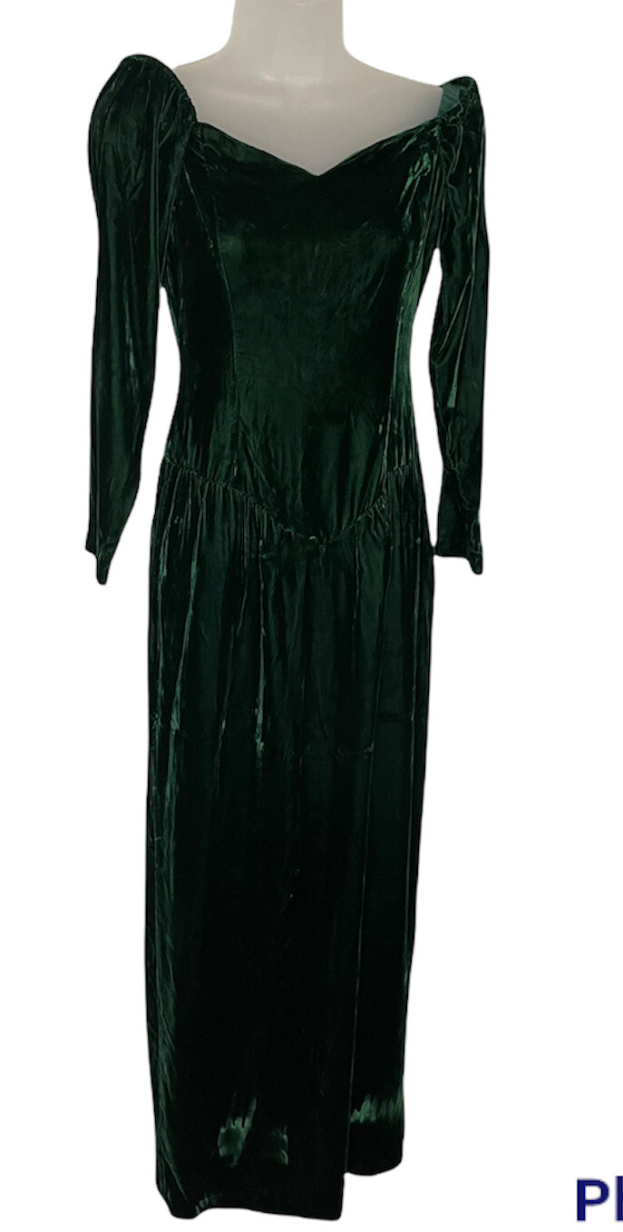 Vtg Velvet Maxi Dress XS Green Puff Sleeves Renaissance Cosplay Halloween Goth