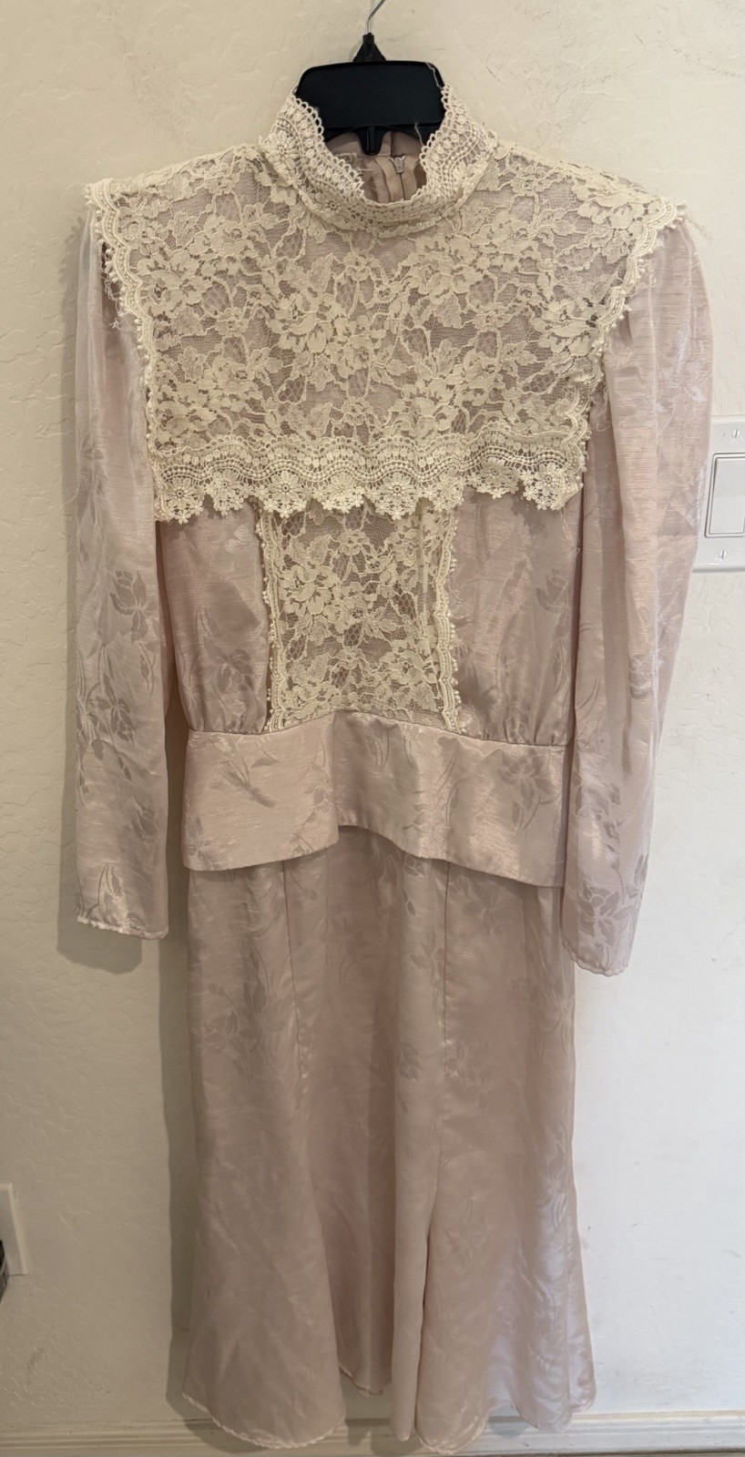 Vintage 80’s Scott McClintock Gunne Sax Pink Edwardian Damask LS Dress Lace 10