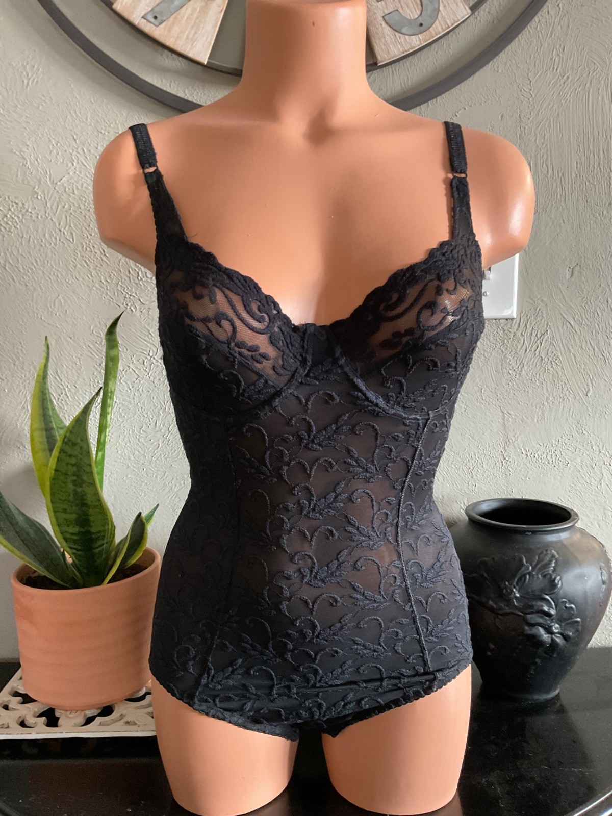 Vintage Black Lace Satin ShapeWear All in One Girdle 38 D