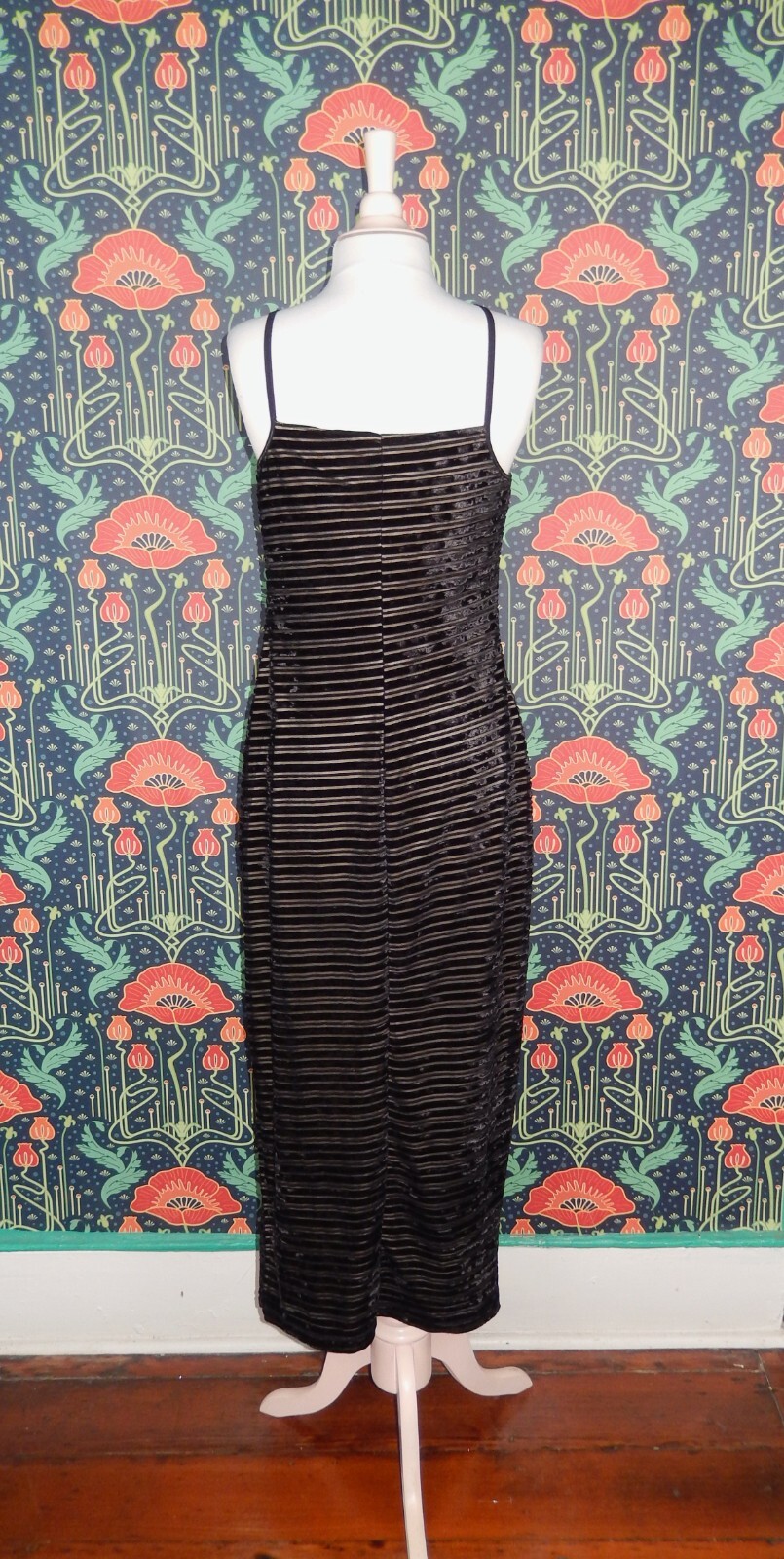 Vintage 90’s Y2K Goth Grunge Whimsigoth Black Beige Striped Velvet Slip Dress