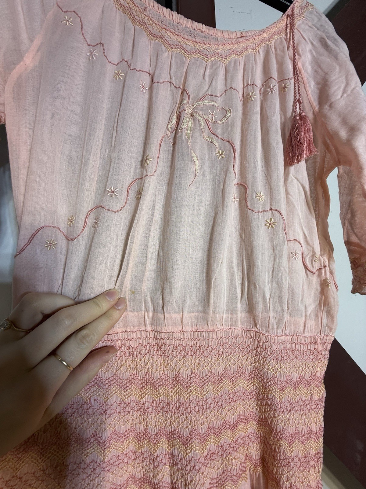 Antique 1920s 1930s Pink Gauze Dress Hand Smocked Embroidered Prairie Cottage