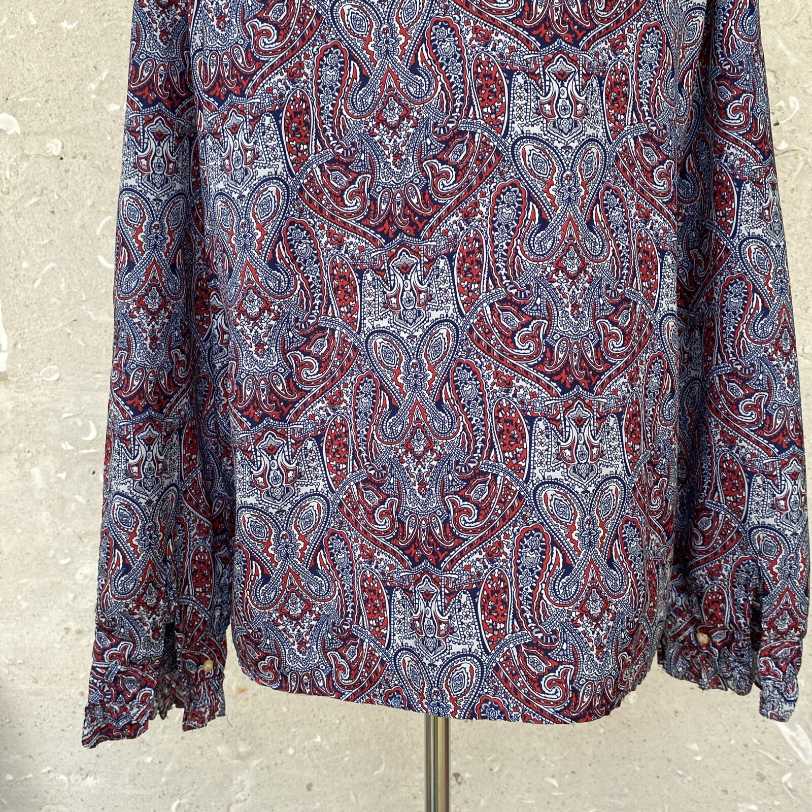 Vintage Secretary Blouse Shirt Large Red White Blue Paisley Ruffle Neck 70s 80s