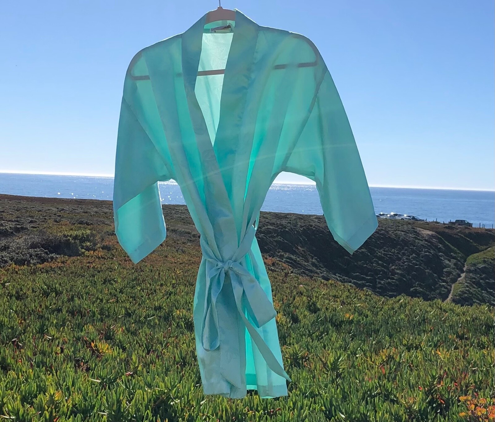 Vintage Silky Short California Dynasty ROBE Pocket & Sash – Aqua – FAST SHIPPING