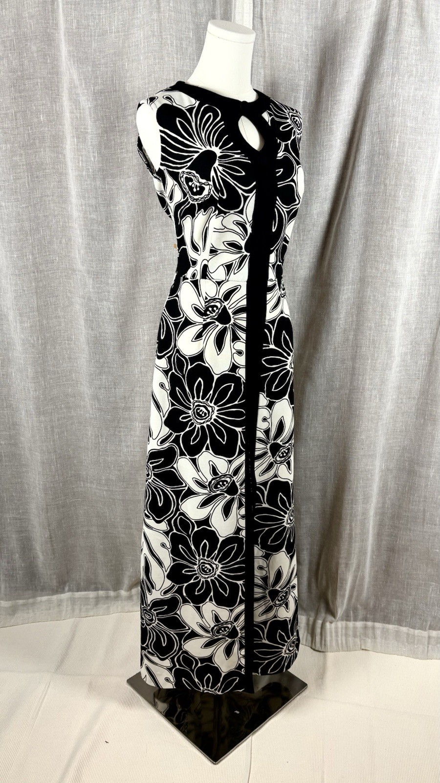 Vintage Black And White Mod Maxi Dress Size Large Floral Hawaiian Tiki Sz Large