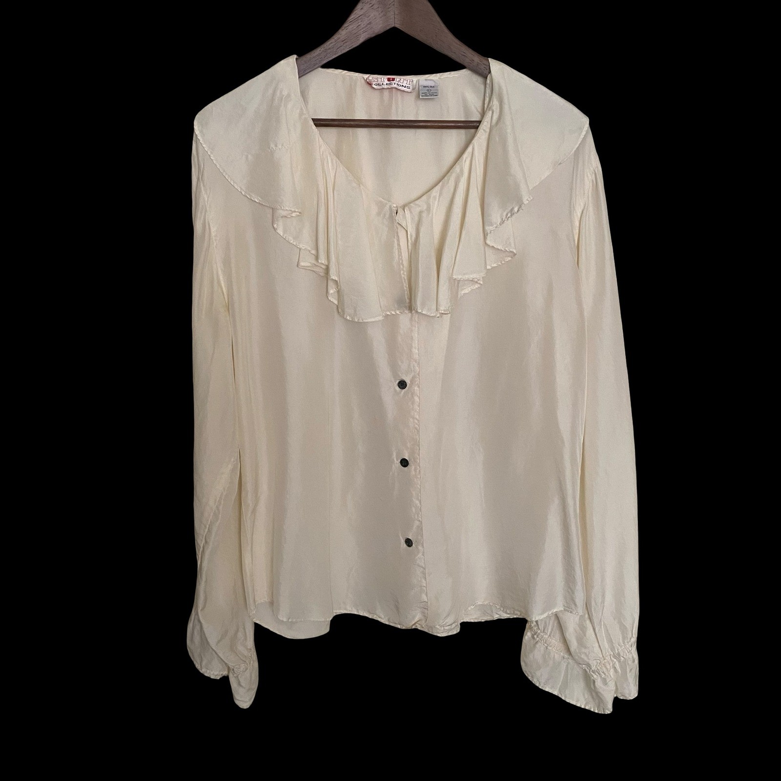 Vintage Stut Collections Silk Ruffle Blouse Cream Button Up Romantic Top Women L
