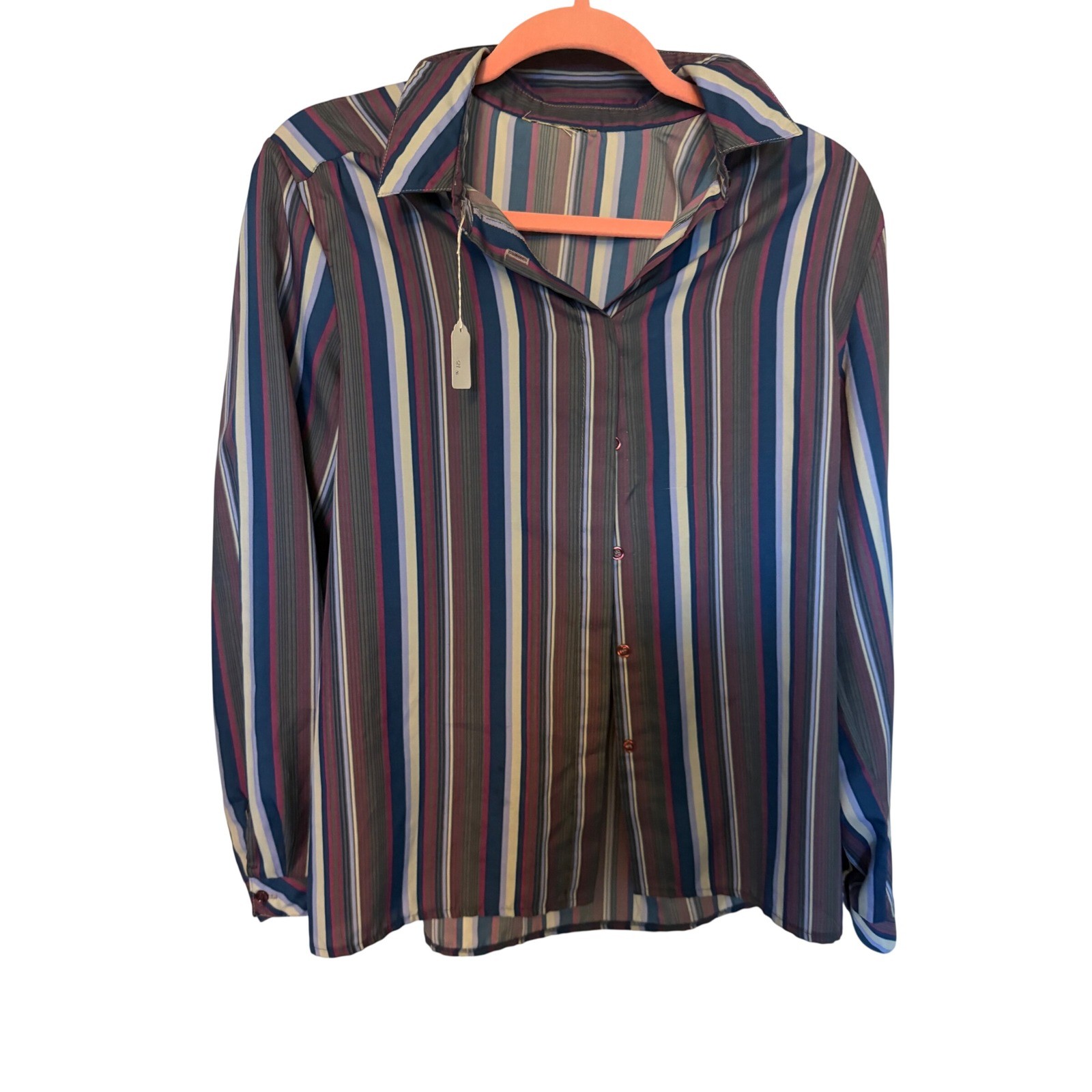 Vintage Vertical Multi Color Striped Long Sleeve Button Down Blouse Burgundy