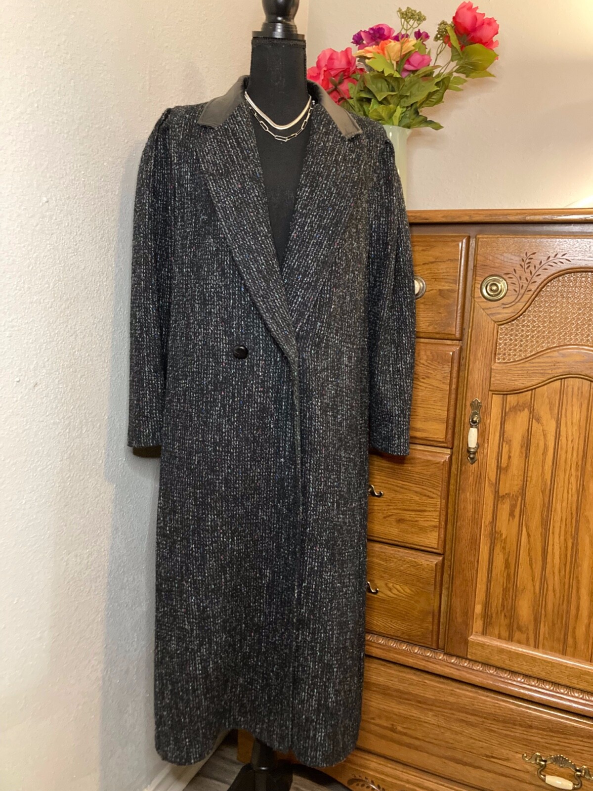 BBI Black Women’s Vintage Textured Tweed Wool Overcoat w/ Leather Trim L XL 