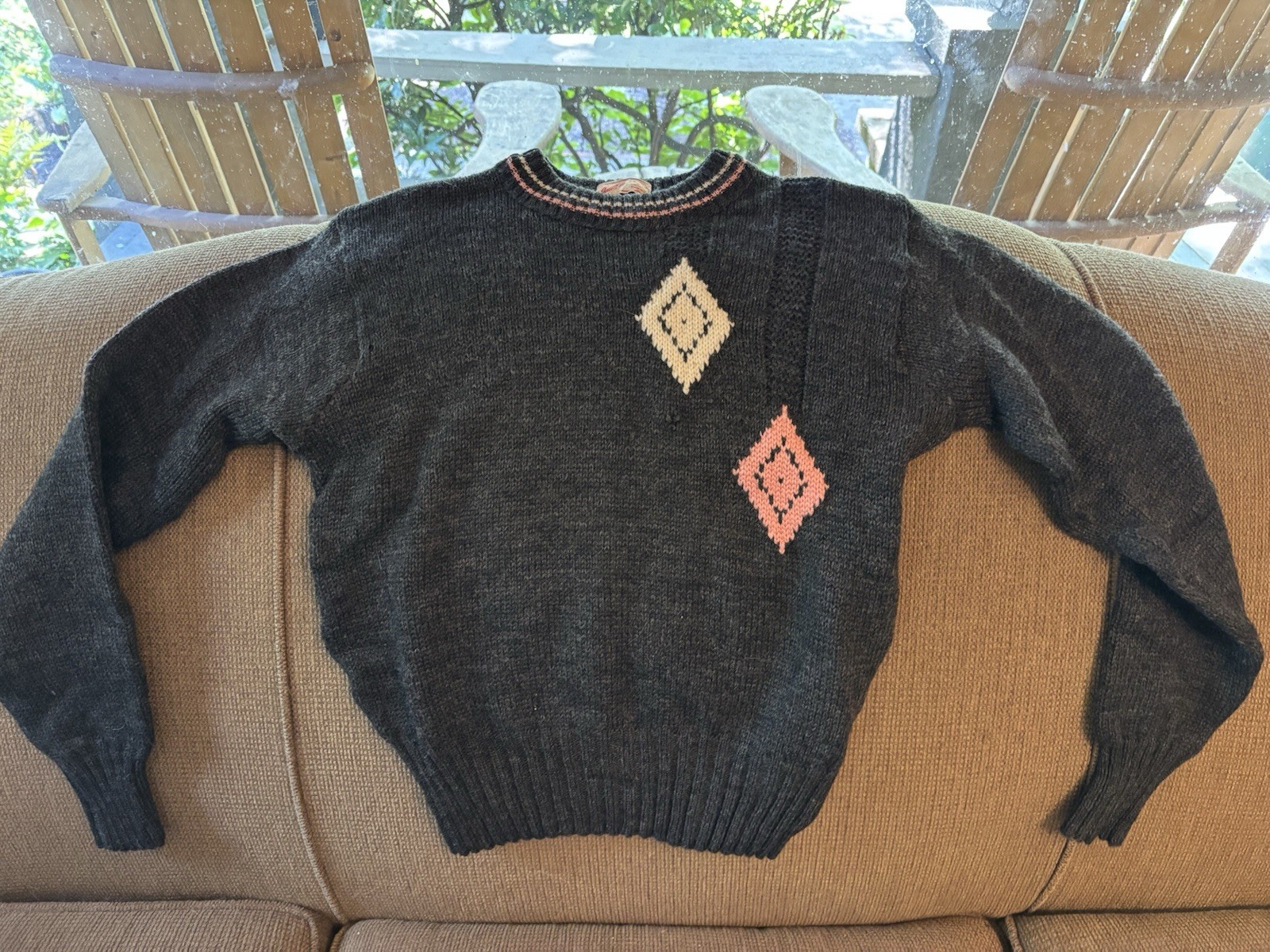 Vtg 1950s Jantzen Diamond print Wool Sweater Size 38 Charcoal Pink Pullover