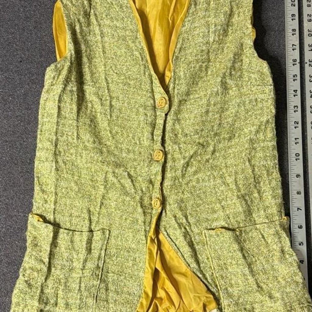 Vintage 1960s Lime Green and Gold Metallic Lurex Tweed Vest with Medallion Butto