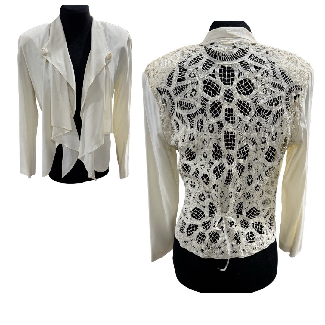 Vtg Wild Rose Jacket Battenburg Lace Back Boho Retro Fairy Ivory Nipped Waist