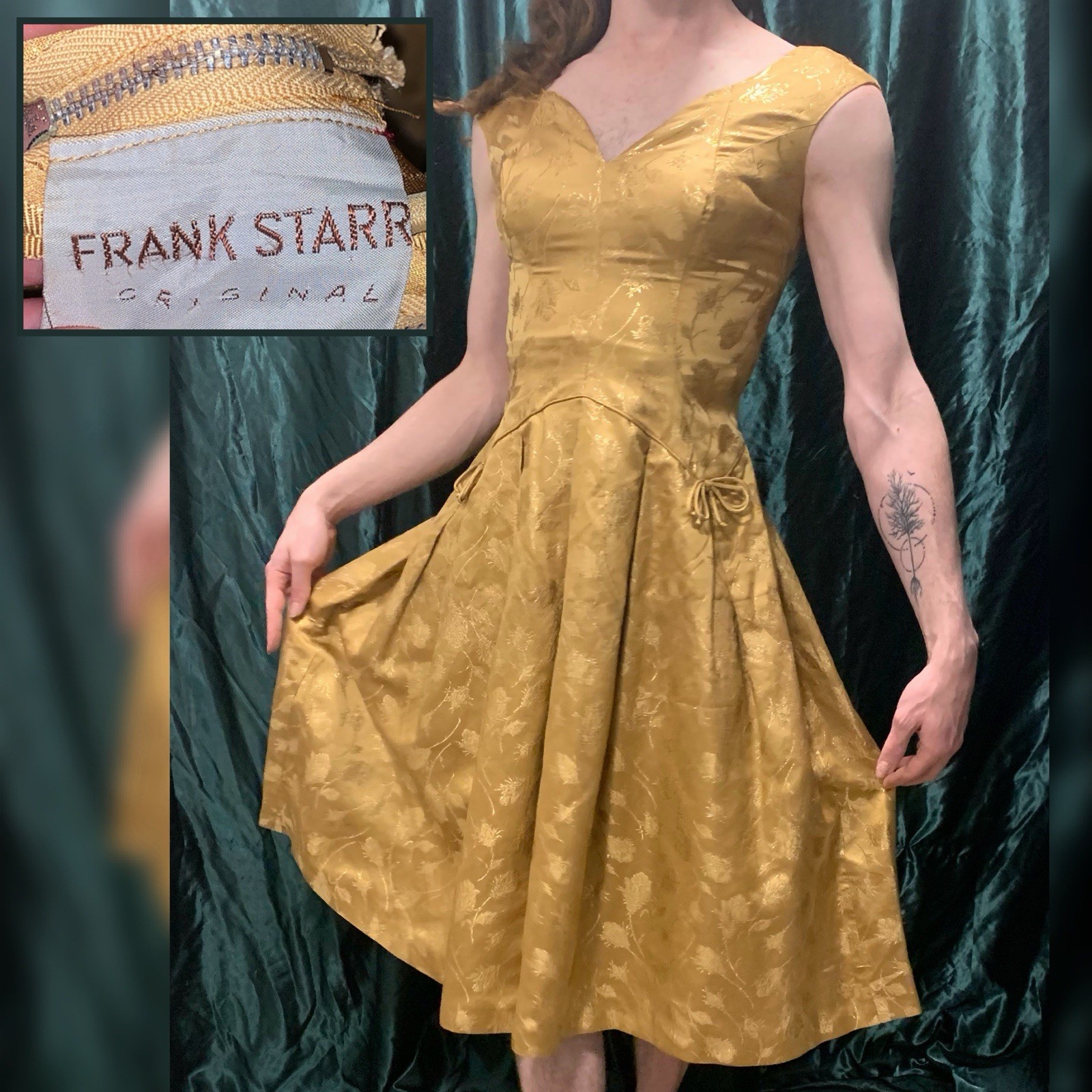 Vintage 1950s Frank Starr Gold Brocade Party Cocktail Dress Full Skirt 28” Waist
