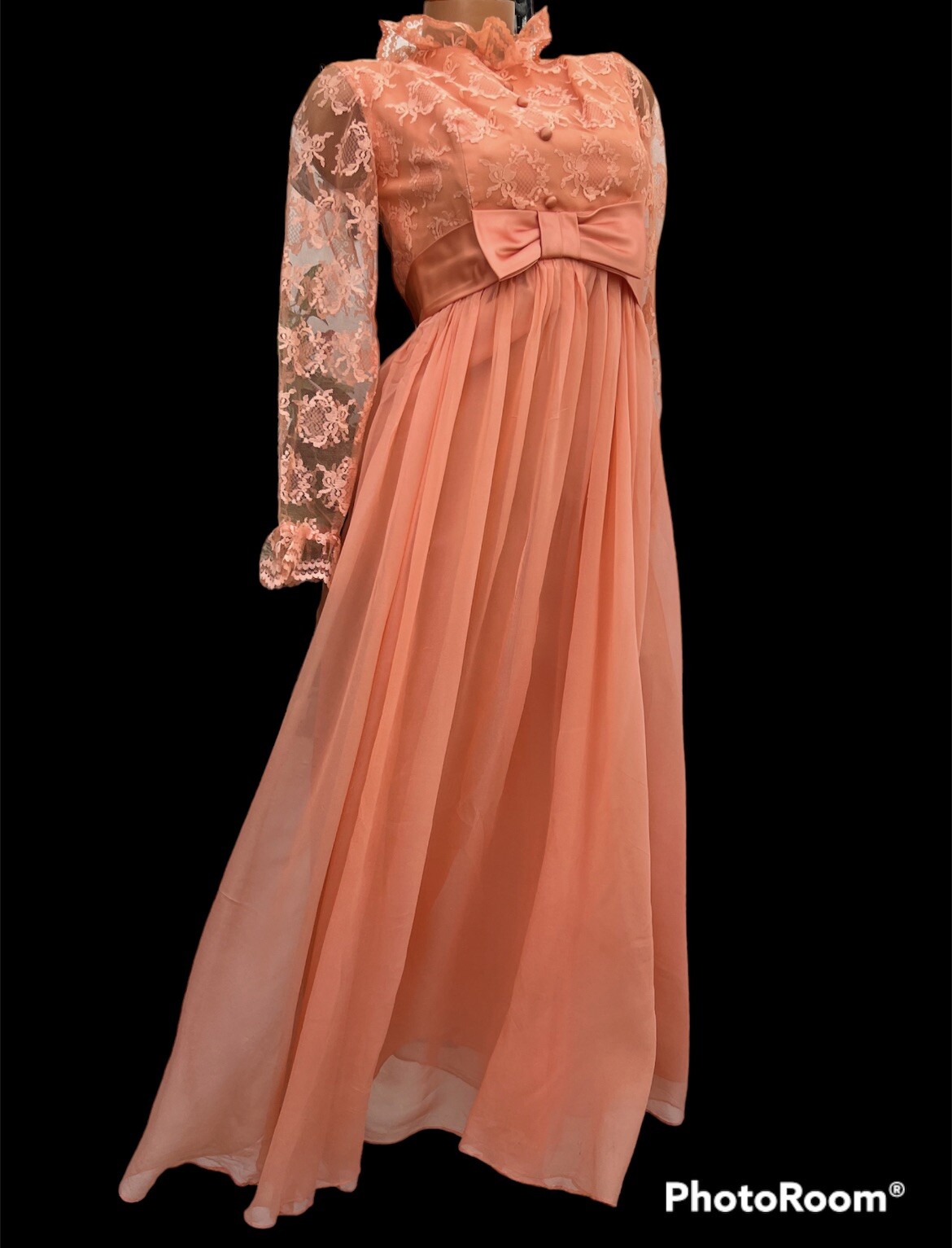 VTG 70s Peach Chiffon Maxi Dress Lace Overlay Sheer Sleeves XS Boho