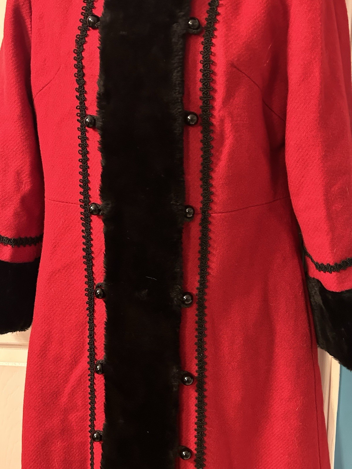 VINTAGE Sears Fashions Red Black Victorian Princess Full Length Coat Hooded Fur