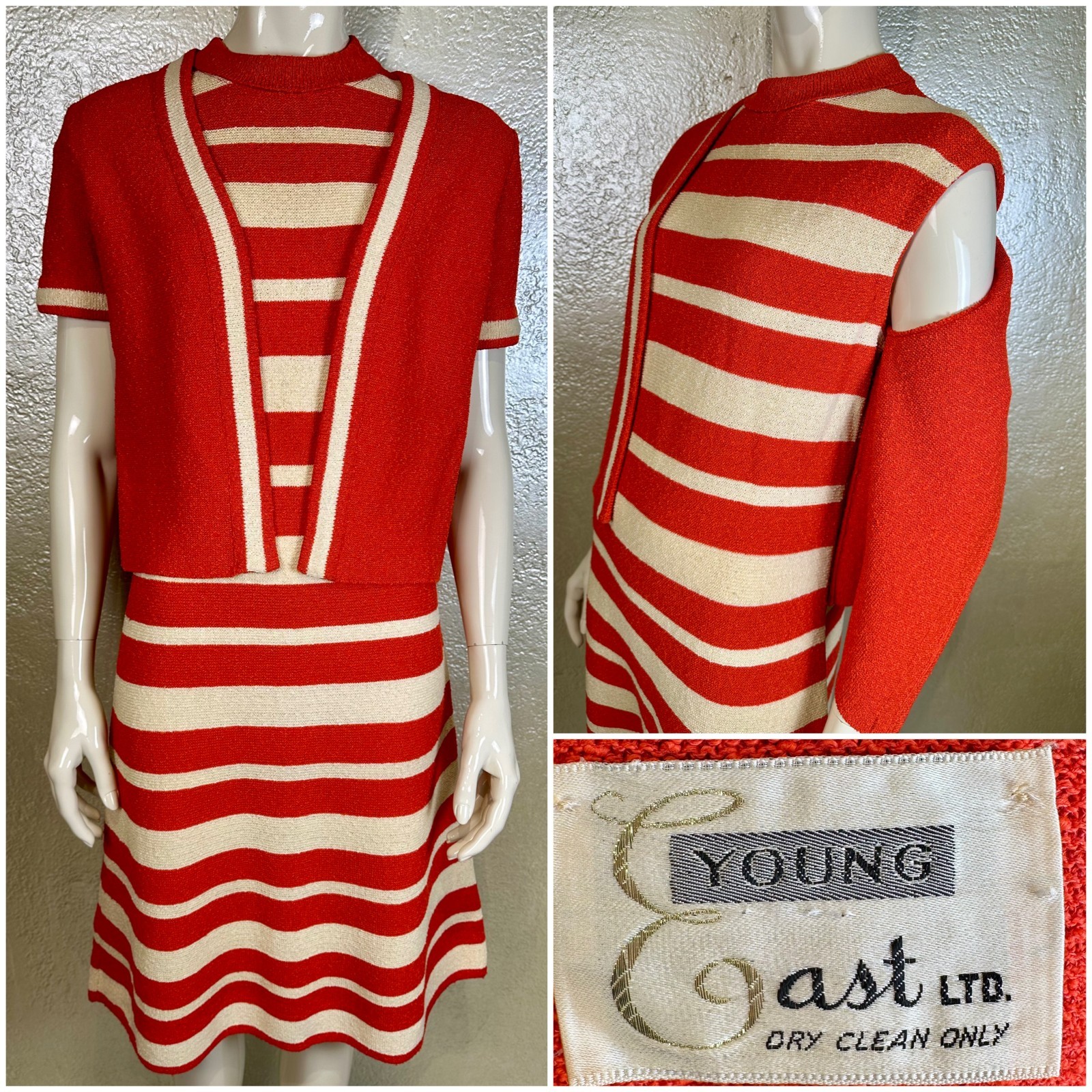 VTG 1960s-1970s Ladies YOUNG EAST Orange Two Piece Striped Dress w/Sweater Knit