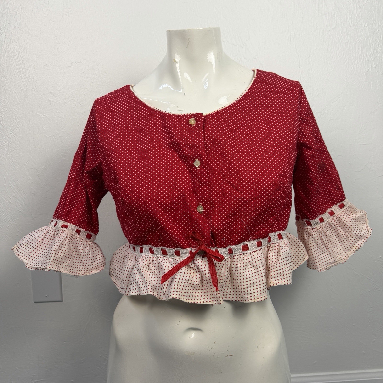 Vintage Cottage core Prairie Red Polka Dot Lace Boho Romantic Peasant Top Med