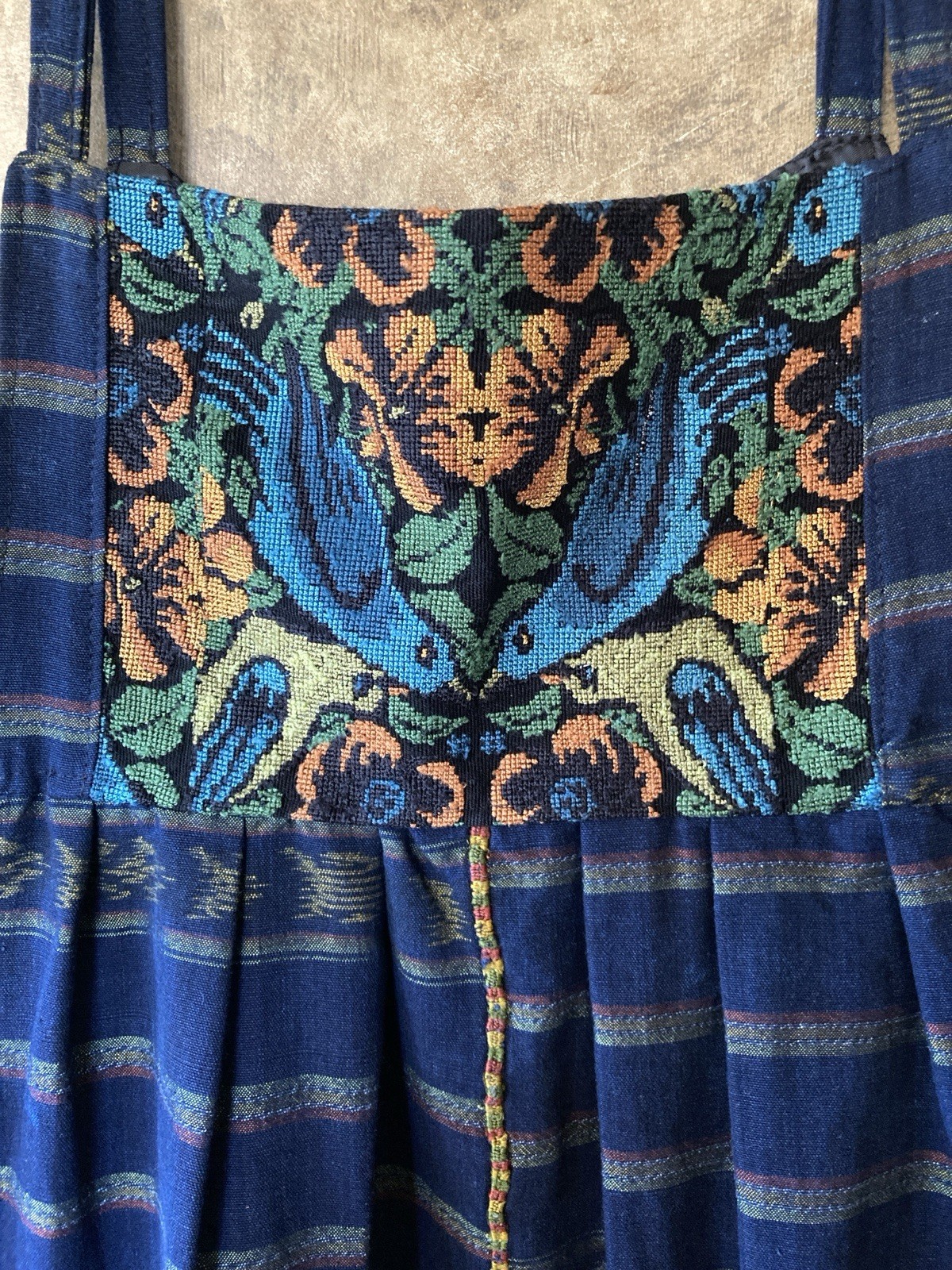 Vtg Guatemala Jumper Overalls Ikat Huipil Embroidered Birds Hippie Boho Dress S