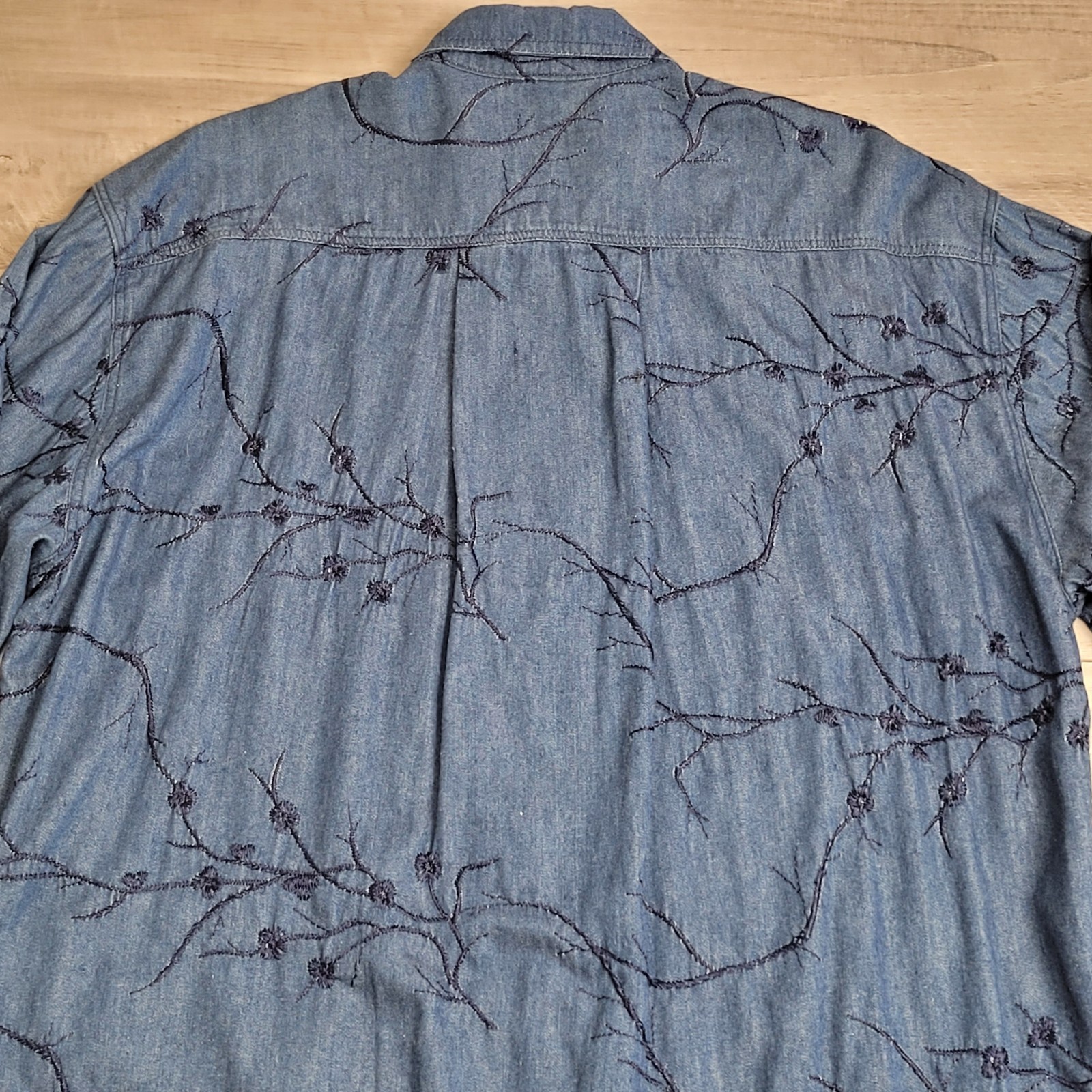 Vintage Gene Ewin BIS Shirt Womens M Wrinkled Rich Denim Embroidered 90’s USA