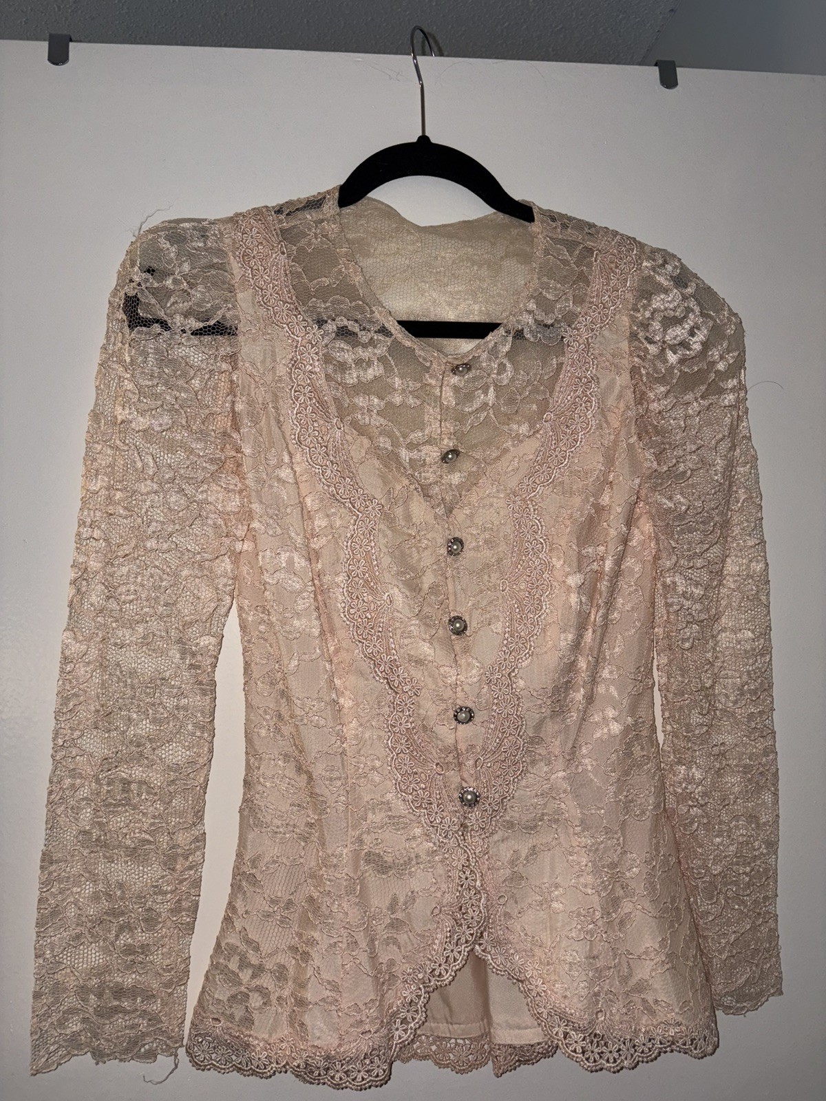 Vintage 80s Cachet Bari Protas Pink Lace Cocktail Jacket Top XS S Victorian