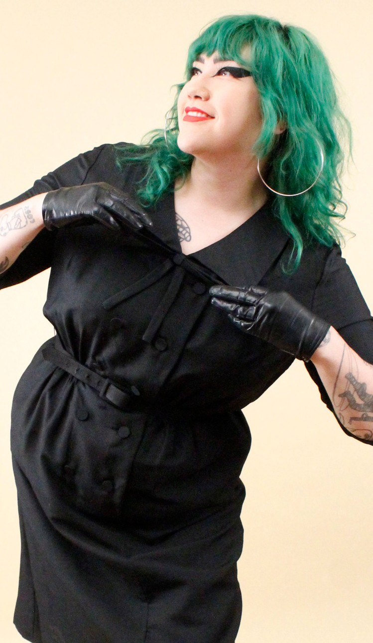 1950s Vtg Black Plus Size Volup Collared Sailor Button Dress Goth Pin Up 1X B48″