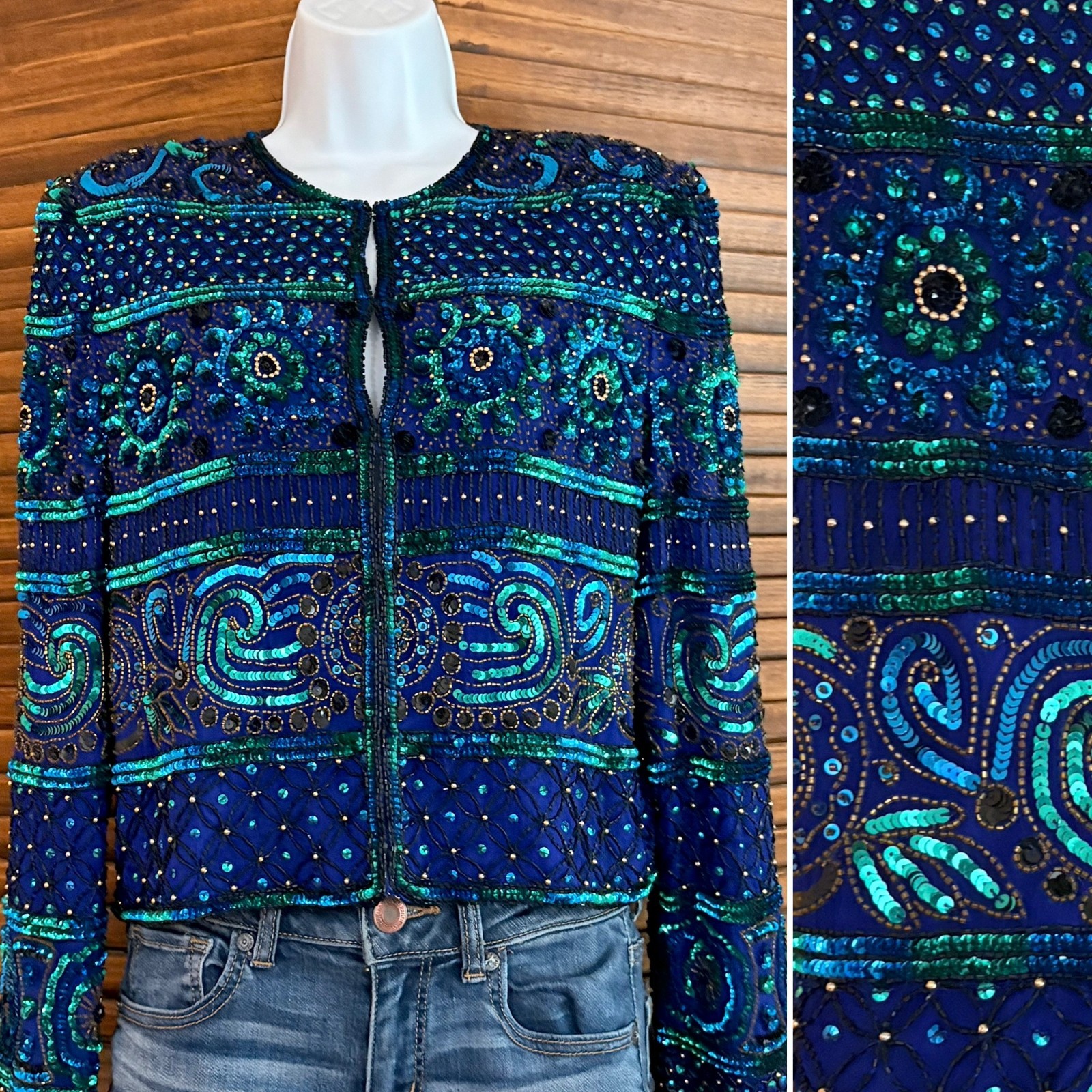 Vintage SCALA 100% Silk Fully Beaded Sequins Formal Jacket Top | Tag Sz: L