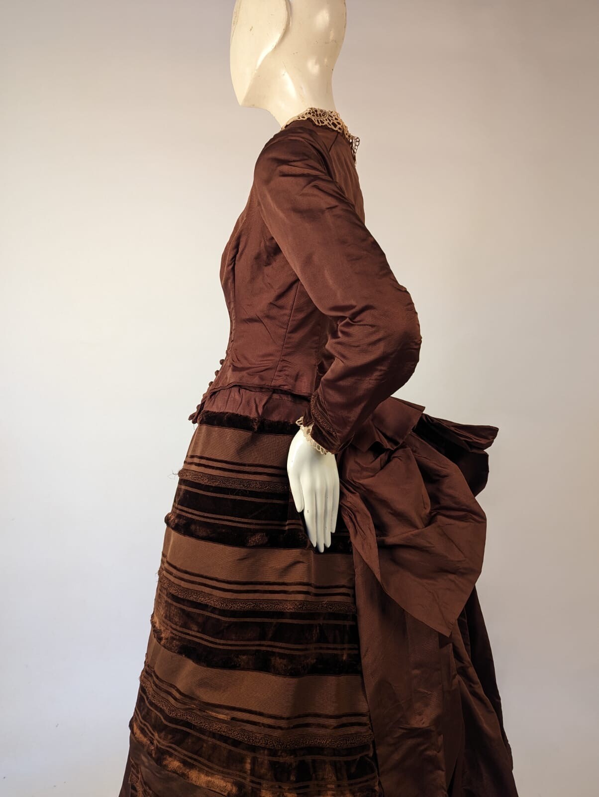 VICTORIAN 1880’S SILK BUSTLE DRESS W VELVET STRIPING + LABEL + BUILT IN BUSTLE