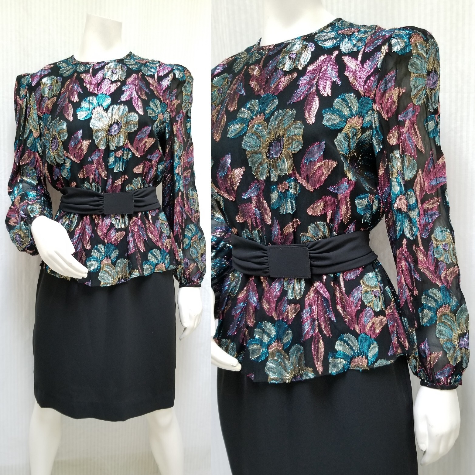 Vintage 80/90s PATRA Sheer Peplum Shiny Metallic Lurex DRESS w/ BELT – Size M
