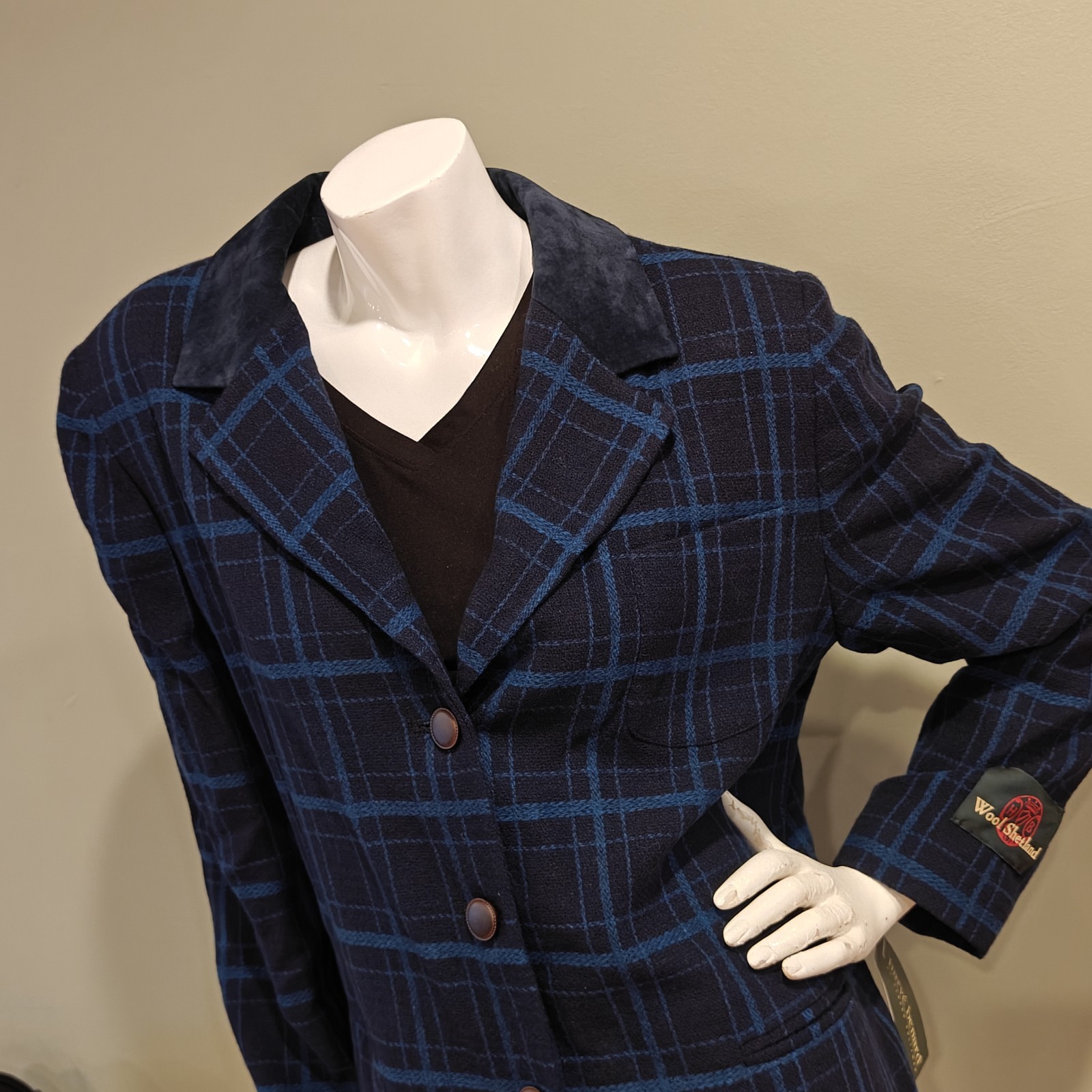 Vintage NOS Harve Benard Wool Jacket Blue And Black Plaid With Suede Collar 90s