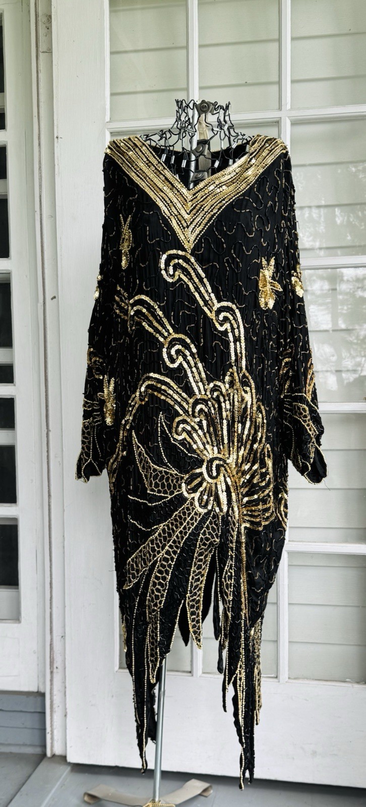 Vintage beaded sequined silk dress ensemble w/gold & black embellishments