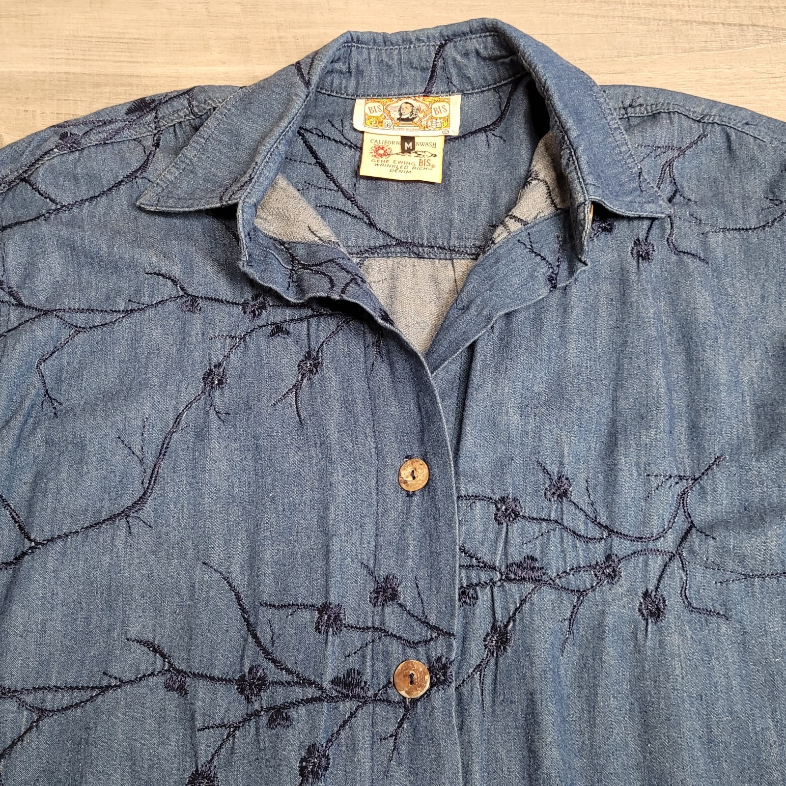 Vintage Gene Ewin BIS Shirt Womens M Wrinkled Rich Denim Embroidered 90’s USA