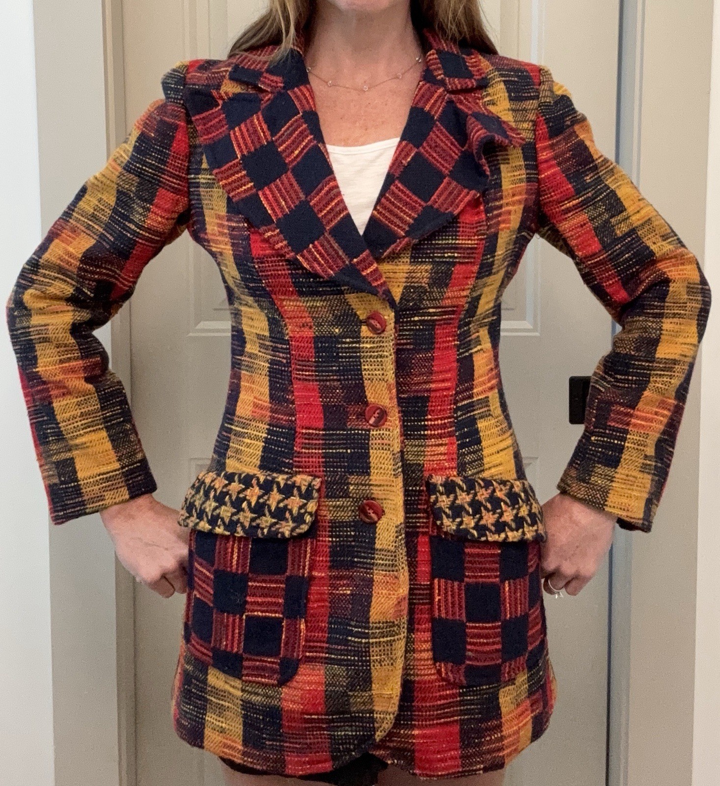 VTG 1970s Patchwork Plaid Wool Blazer Wide Lapels Retro Red Yellow Black Sz XS
