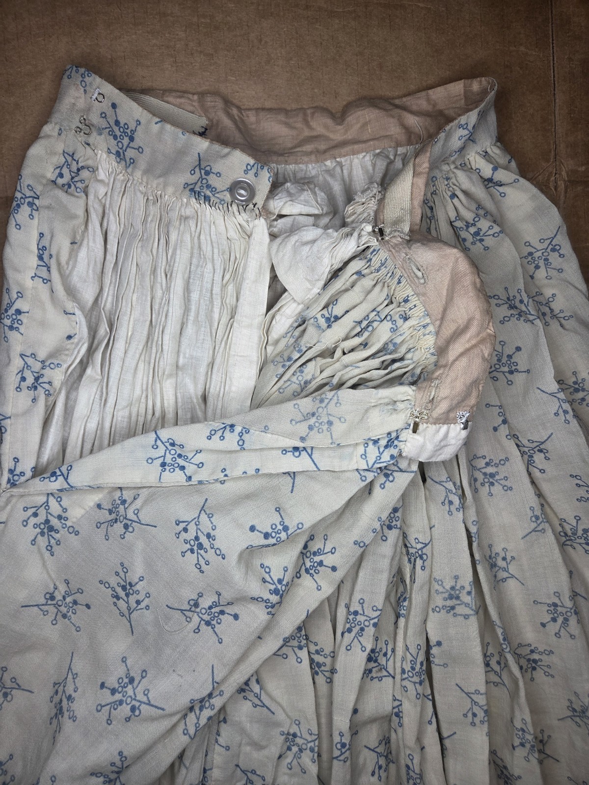 1850s Victorian 4pc Beige/Teal Cotton Blend Visiting Dress w/ Peplum & Lace Belt