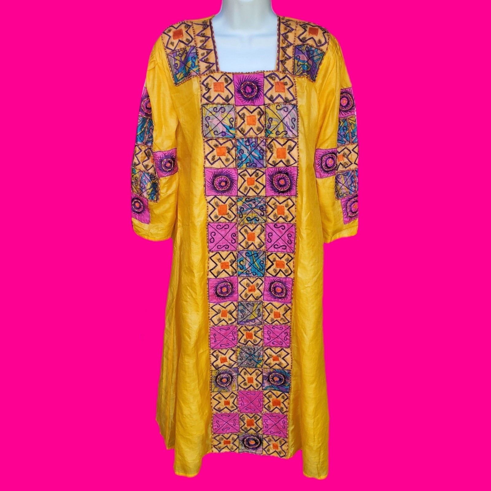 VINTAGE 90’s Banjara Kurta Kaftan Embellished Indian Boho DRESS L