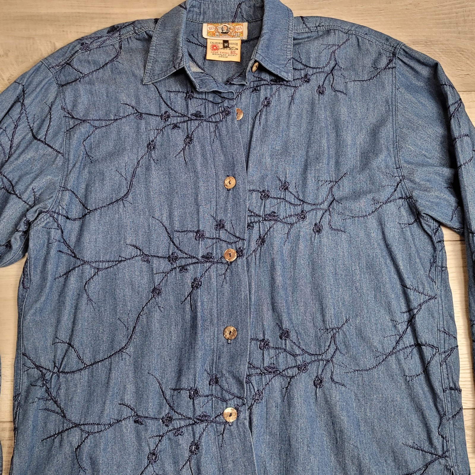 Vintage Gene Ewin BIS Shirt Womens M Wrinkled Rich Denim Embroidered 90’s USA