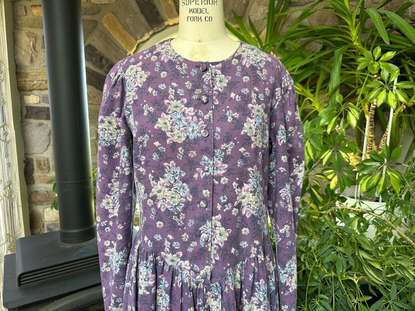Vintage 1980s Laura Ashley Muted Purples and Gray Ditsy Floral Cotton Wool Dress